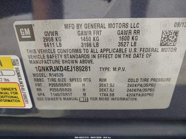 1GNKRJKD4EJ189281 Chevrolet Traverse Ltz
