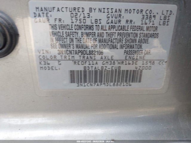 Продаж на аукціоні авто 2013 Nissan Versa 1.6 Sv, vin: 3N1CN7AP9DL882106, номер лоту: 45231242