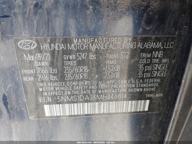 Aukcja sprzedaży 2021 Hyundai Santa Fe Se, vin: 5NMS1DAJ3MH346814, numer aukcji: 45231246