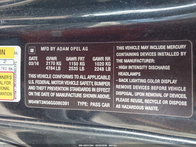Продаж на аукціоні авто 2016 Buick Cascada Premium, vin: W04WT3N56GG080391, номер лоту: 45231284