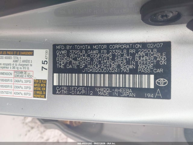 45231292 :رقم المزاد ، JTDKB20U073241793 vin ، 2007 Toyota Prius مزاد بيع