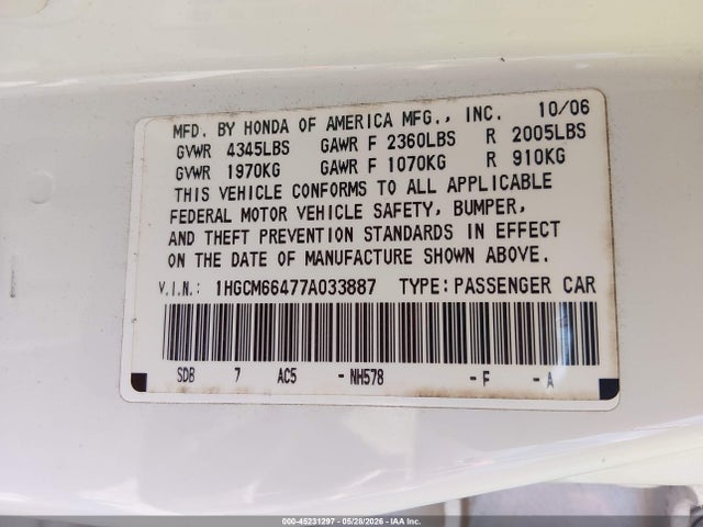 Продажа на аукционе авто 2007 Honda Accord 3.0 Se, vin: 1HGCM66477A033887, номер лота: 45231297