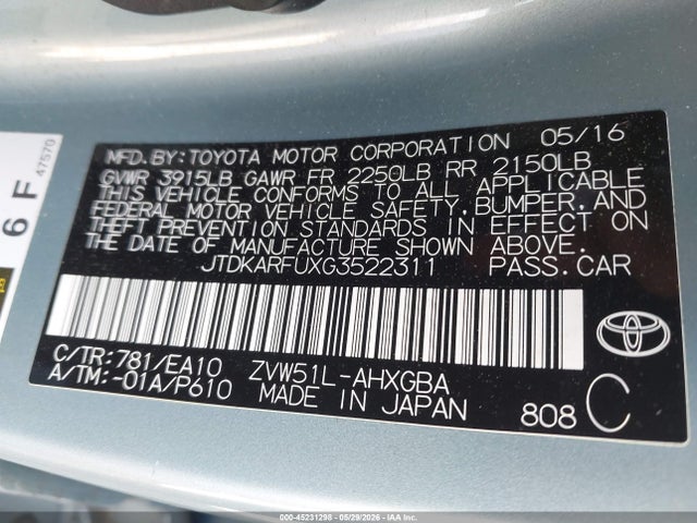 Продаж на аукціоні авто 2016 Toyota Prius Four, vin: JTDKARFUXG3522311, номер лоту: 45231298
