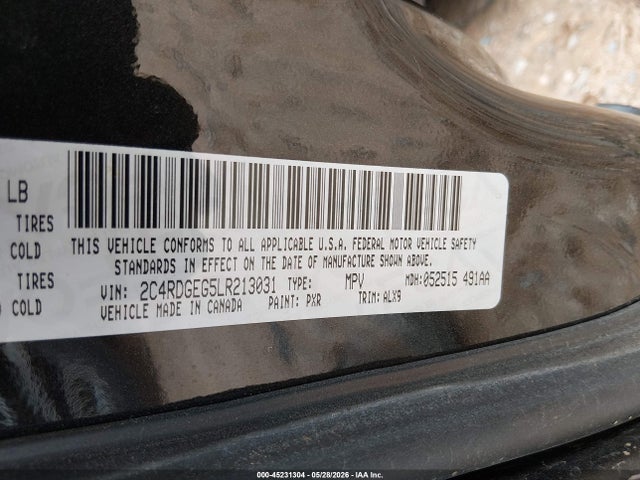 45231304 :رقم المزاد ، 2C4RDGEG5LR213031 vin ، 2020 Dodge Grand Caravan Gt مزاد بيع