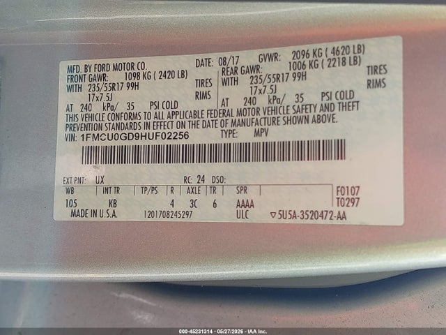 45231314 :رقم المزاد ، 1FMCU0GD9HUF02256 vin ، 2017 Ford Escape Se مزاد بيع