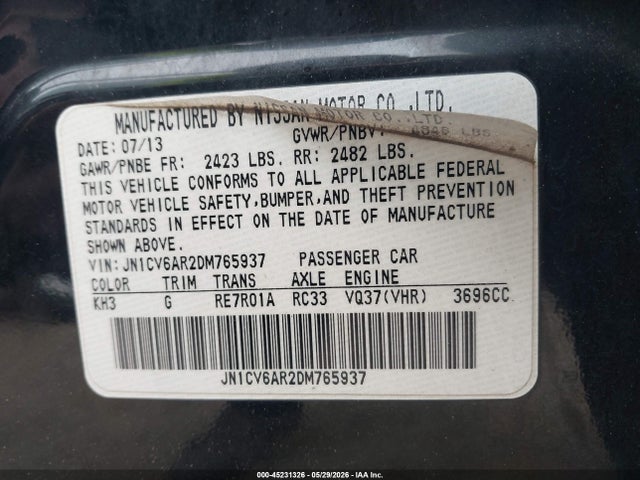 45231326 :رقم المزاد ، JN1CV6AR2DM765937 vin ، 2013 Infiniti G37x مزاد بيع