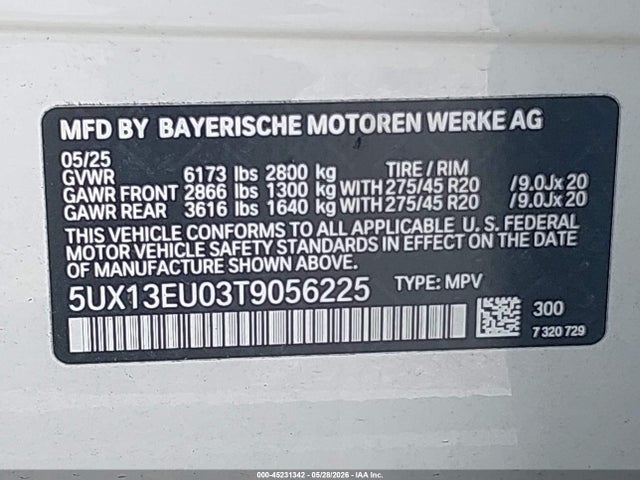 2026 Bmw X5 Sdrive40i მანქანა იყიდება აუქციონზე, vin: 5UX13EU03T9056225, აუქციონის ნომერი: 45231342
