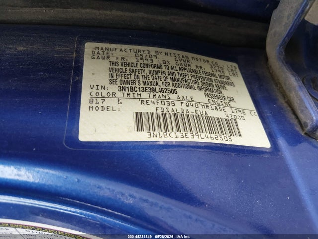 Продаж на аукціоні авто 2009 Nissan Versa 1.8s, vin: 3N1BC13E39L462505, номер лоту: 45231349