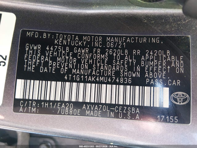 2021 Toyota Camry Se მანქანა იყიდება აუქციონზე, vin: 4T1G11AK4MU474836, აუქციონის ნომერი: 45231353