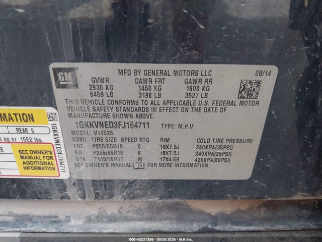 Продаж на аукціоні авто 2015 Gmc Acadia Sle-1, vin: 1GKKVNED3FJ164711, номер лоту: 45231356