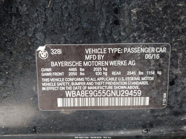 Aukcja sprzedaży 2016 Bmw 328i, vin: WBA8E9G55GNU29459, numer aukcji: 45231360