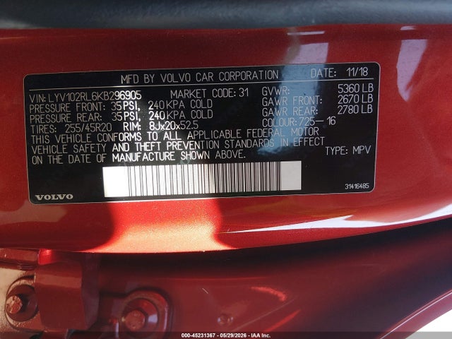 45231367 :رقم المزاد ، LYV102RL6KB296905 vin ، 2019 Volvo Xc60 T5 Inscription مزاد بيع