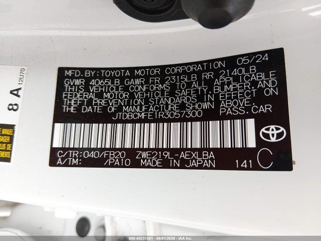 Продаж на аукціоні авто 2024 Toyota Corolla Hybrid Le, vin: JTDBCMFE1R3057300, номер лоту: 45231381
