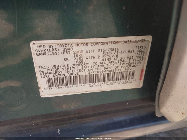 1998 Toyota Rav4 მანქანა იყიდება აუქციონზე, vin: JT3HP10V9W7088938, აუქციონის ნომერი: 45231387