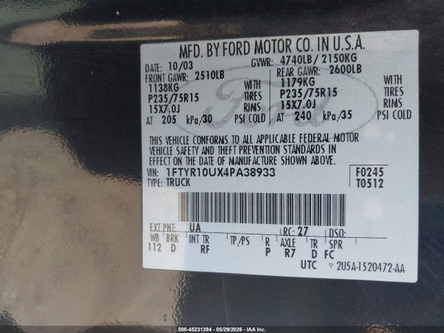 Продажа на аукционе авто 2004 Ford Ranger Edge/xl/xlt, vin: 1FTYR10UX4PA38933, номер лота: 45231394