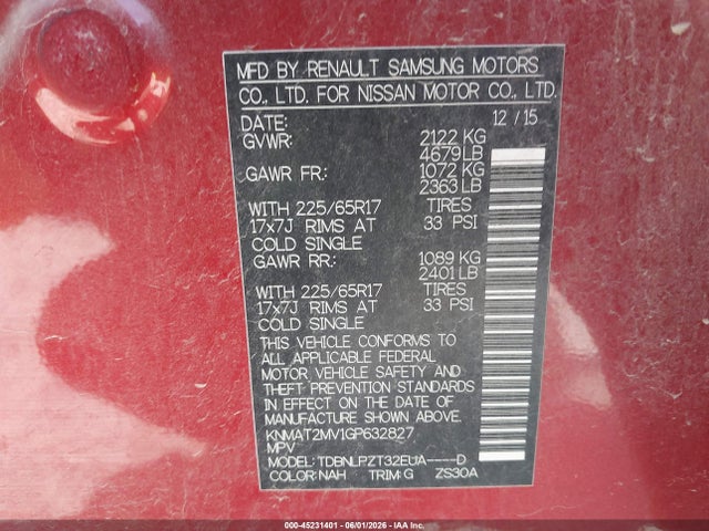 45231401 :رقم المزاد ، KNMAT2MV1GP632827 vin ، 2016 Nissan Rogue S مزاد بيع