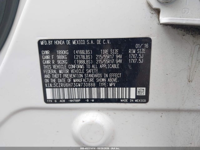 Продаж на аукціоні авто 2016 Honda Hr-v Ex-l, vin: 3CZRU6H73GM730888, номер лоту: 45231414