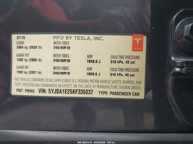 Tesla Model S 100d/75d/long Range/standard Range 2019 5YJSA1E25KF335037 Image 9
