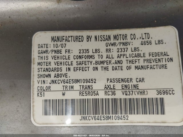 2008 Infiniti G37 Journey მანქანა იყიდება აუქციონზე, vin: JNKCV64E58M109452, აუქციონის ნომერი: 45231421