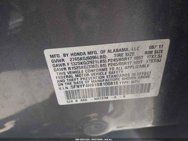 Продаж на аукціоні авто 2011 Honda Pilot Touring, vin: 5FNYF4H91BB100818, номер лоту: 45231424