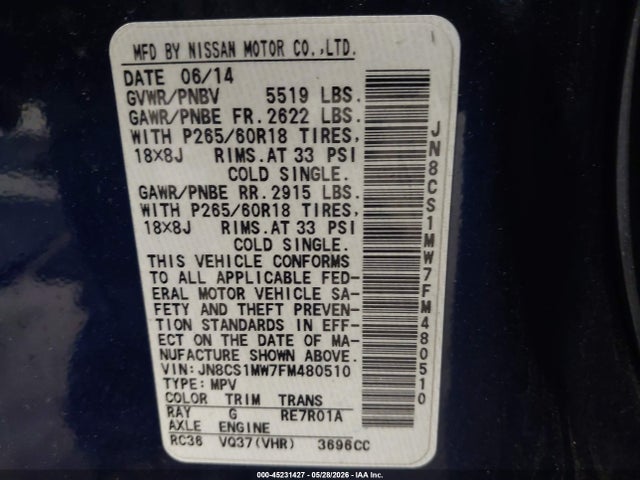 Продаж на аукціоні авто 2015 Infiniti Qx70, vin: JN8CS1MW7FM480510, номер лоту: 45231427