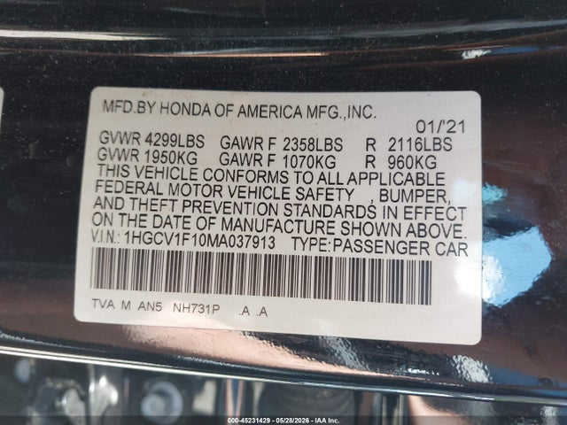 Aukcja sprzedaży 2021 Honda Accord Lx, vin: 1HGCV1F10MA037913, numer aukcji: 45231429