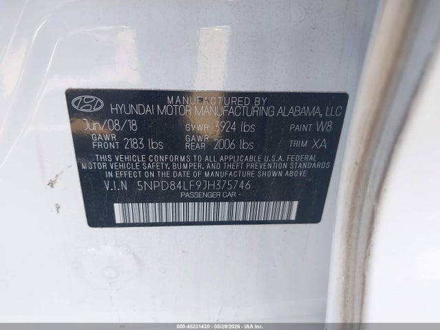2018 Hyundai Elantra Value Edition მანქანა იყიდება აუქციონზე, vin: 5NPD84LF9JH375746, აუქციონის ნომერი: 45231430