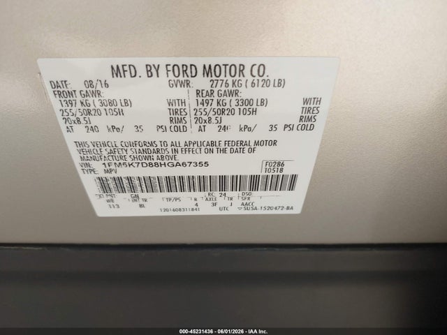 45231436 :رقم المزاد ، 1FM5K7D88HGA67355 vin ، 2017 Ford Explorer Xlt مزاد بيع