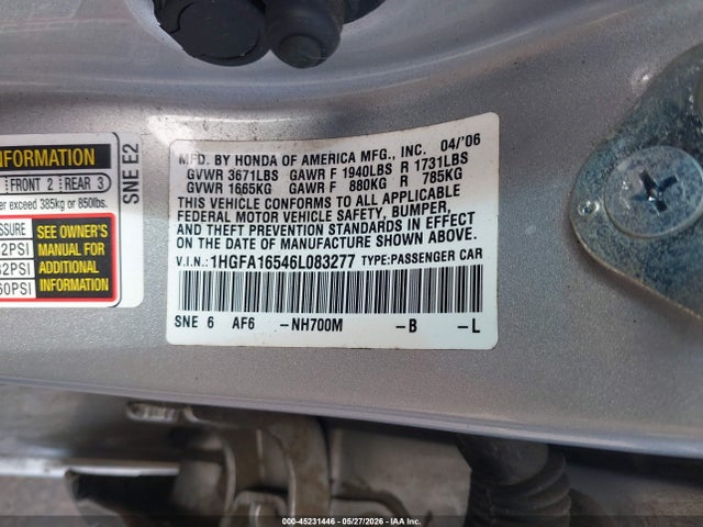 45231446 :رقم المزاد ، 1HGFA16546L083277 vin ، 2006 Honda Civic Lx مزاد بيع