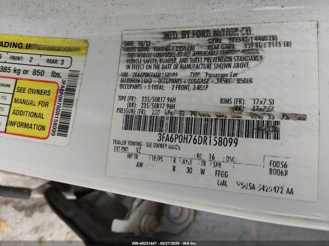 45231447 :رقم المزاد ، 3FA6P0H76DR158099 vin ، 2013 Ford Fusion Se مزاد بيع
