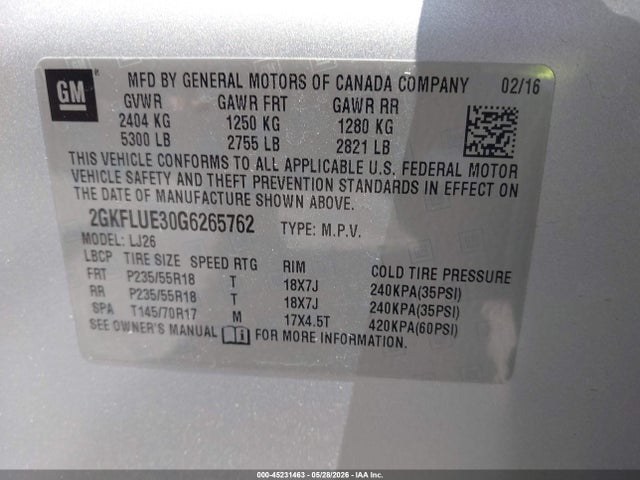 45231463 :رقم المزاد ، 2GKFLUE30G6265762 vin ، 2016 Gmc Terrain Slt مزاد بيع