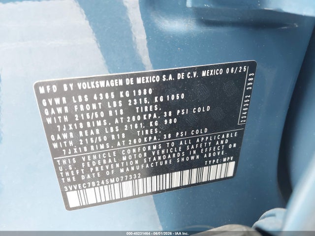 Aukcja sprzedaży 2025 Volkswagen Taos 1.5t Se, vin: 3VVEC7B24SM077332, numer aukcji: 45231464