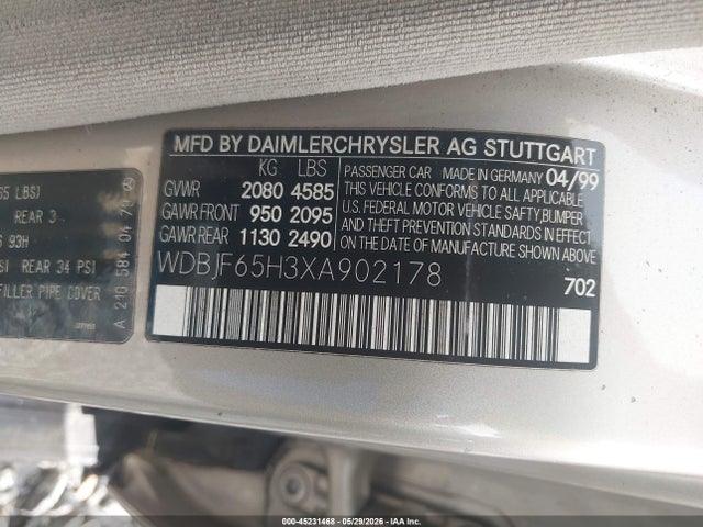 1999 Mercedes-benz E 320 მანქანა იყიდება აუქციონზე, vin: WDBJF65H3XA902178, აუქციონის ნომერი: 45231468