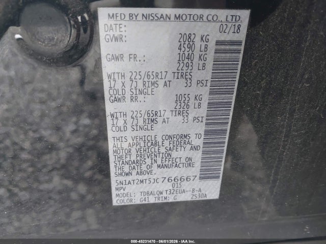 45231470 :رقم المزاد ، 5N1AT2MT5JC766667 vin ، 2018 Nissan Rogue Sv مزاد بيع