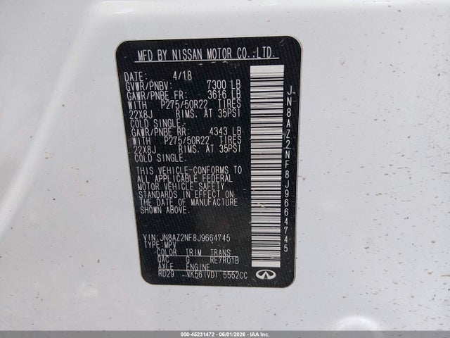 Auction sale of the 2018 Infiniti Qx80, vin: JN8AZ2NF8J9664745, lot number: 45231472