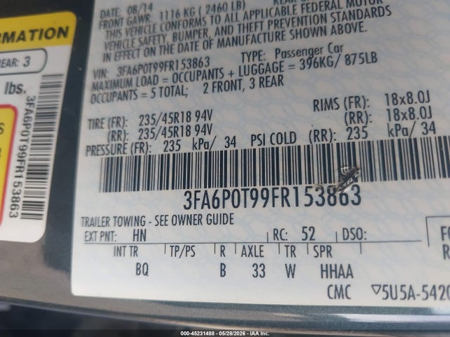 45231488 :رقم المزاد ، 3FA6P0T99FR153863 vin ، 2015 Ford Fusion Se مزاد بيع