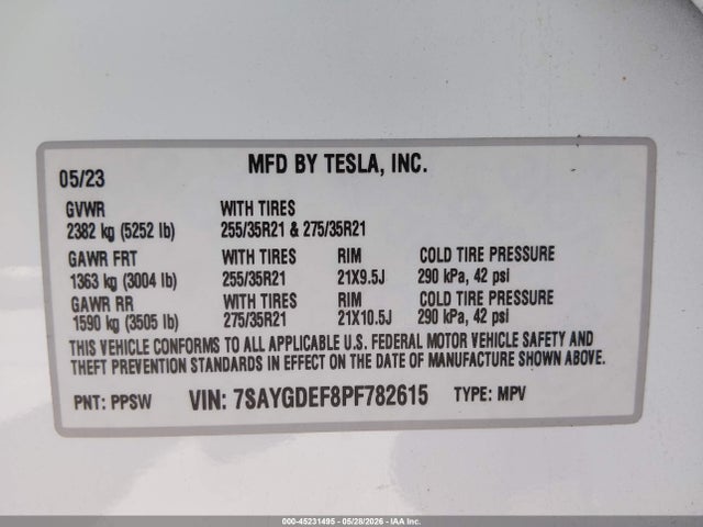 45231495 :رقم المزاد ، 7SAYGDEF8PF782615 vin ، 2023 Tesla Model Y Performance Dual Motor All-wheel Drive مزاد بيع