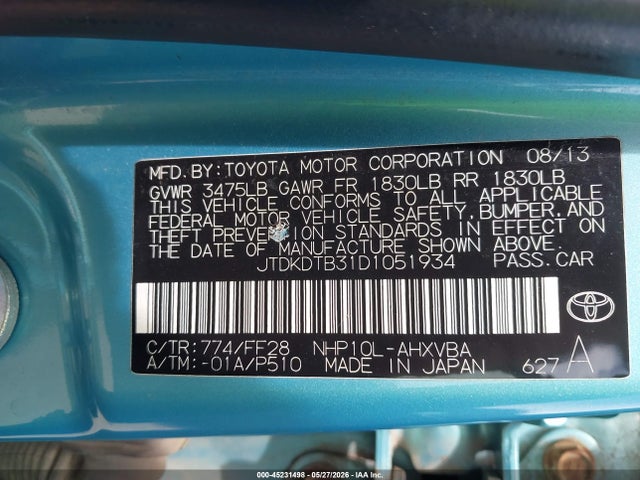 2013 Toyota Prius C Two მანქანა იყიდება აუქციონზე, vin: JTDKDTB31D1051934, აუქციონის ნომერი: 45231498
