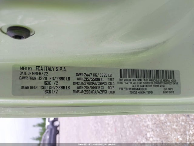 Aukcja sprzedaży 2022 Ram Promaster City Cargo Van, vin: ZFBHRFAB1N6X30180, numer aukcji: 45231503