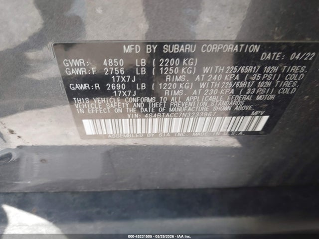 Aukcja sprzedaży 2022 Subaru Outback Premium, vin: 4S4BTACC7N3233967, numer aukcji: 45231505