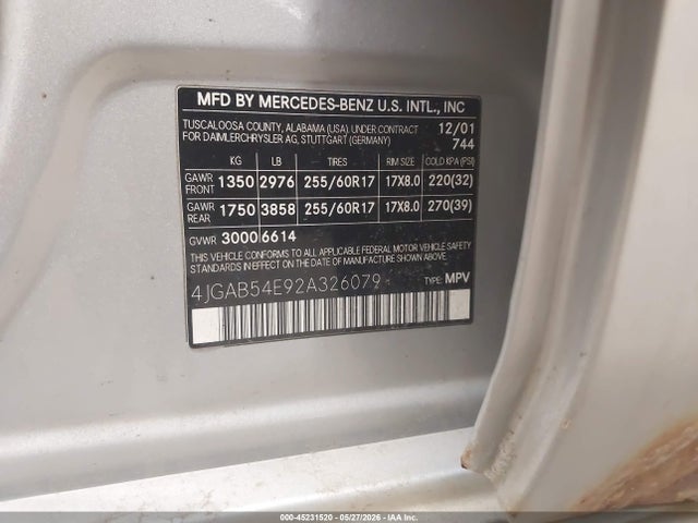 Продажа на аукционе авто 2002 Mercedes-benz Ml 320, vin: 4JGAB54E92A326079, номер лота: 45231520