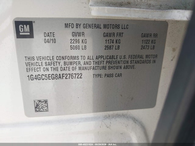 Aukcja sprzedaży 2010 Buick Lacrosse Cxl, vin: 1G4GC5EG8AF276722, numer aukcji: 45231524