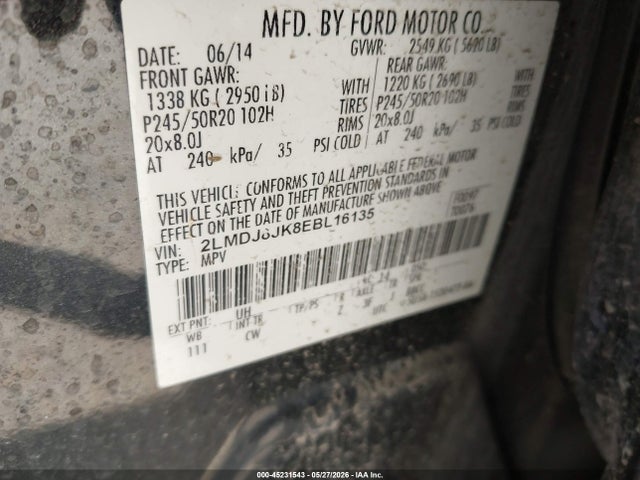45231543 :رقم المزاد ، 2LMDJ8JK8EBL16135 vin ، 2014 Lincoln Mkx مزاد بيع