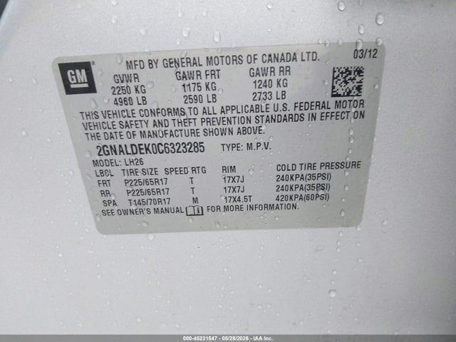 Продаж на аукціоні авто 2012 Chevrolet Equinox 1lt, vin: 2GNALDEK0C6323285, номер лоту: 45231547