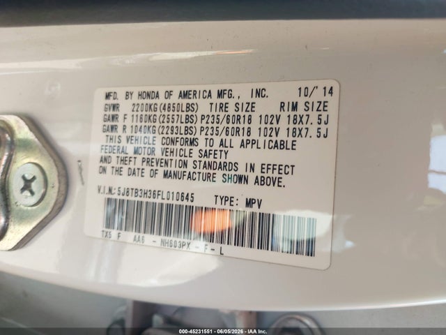 Aukcja sprzedaży 2015 Acura Rdx, vin: 5J8TB3H36FL010645, numer aukcji: 45231551
