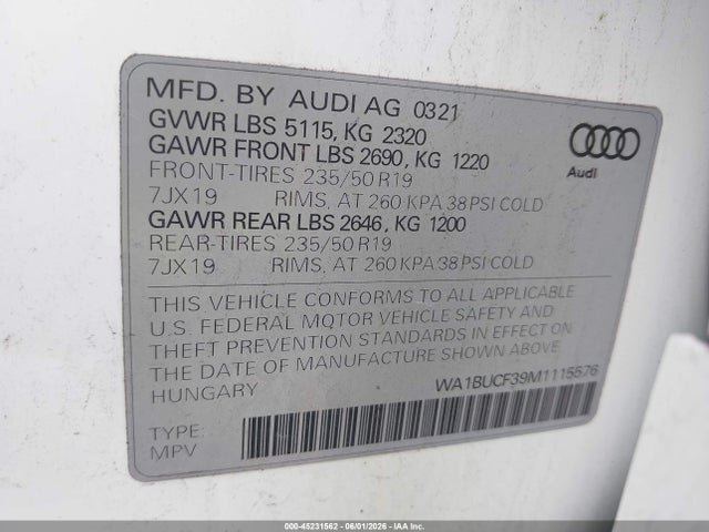 2021 Audi Q3 Premium Plus 40 Tfsi Quattro Tiptronic მანქანა იყიდება აუქციონზე, vin: WA1BUCF39M1115576, აუქციონის ნომერი: 45231562