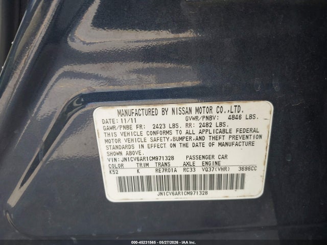 Aukcja sprzedaży 2012 Infiniti G37x, vin: JN1CV6AR1CM971328, numer aukcji: 45231565