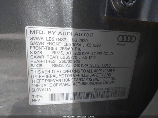 Продажа на аукционе авто 2018 Audi Q7 2.0t Premium, vin: WA1AHAF71JD013531, номер лота: 45231584