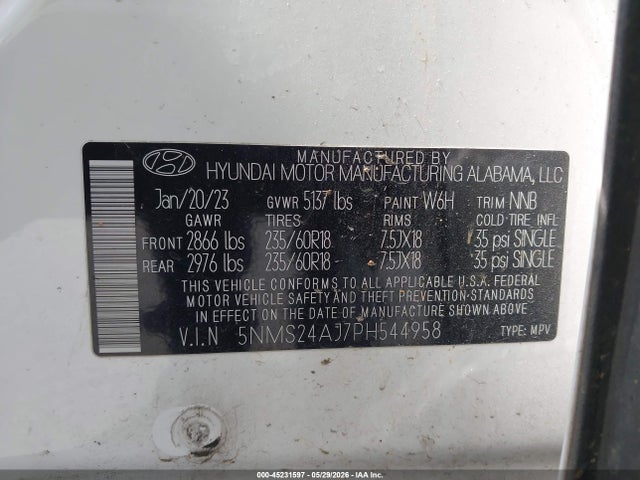 Продажа на аукционе авто 2023 Hyundai Santa Fe Sel, vin: 5NMS24AJ7PH544958, номер лота: 45231597