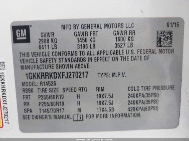 45231598 :رقم المزاد ، 1GKKRRKDXFJ270217 vin ، 2015 Gmc Acadia Slt-1 مزاد بيع